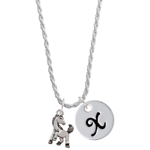 Delight Jewelry Silvertone Small Mustang - Mascot Silvertone Script Initial Disc - X - Charm Necklace, 20"+3"