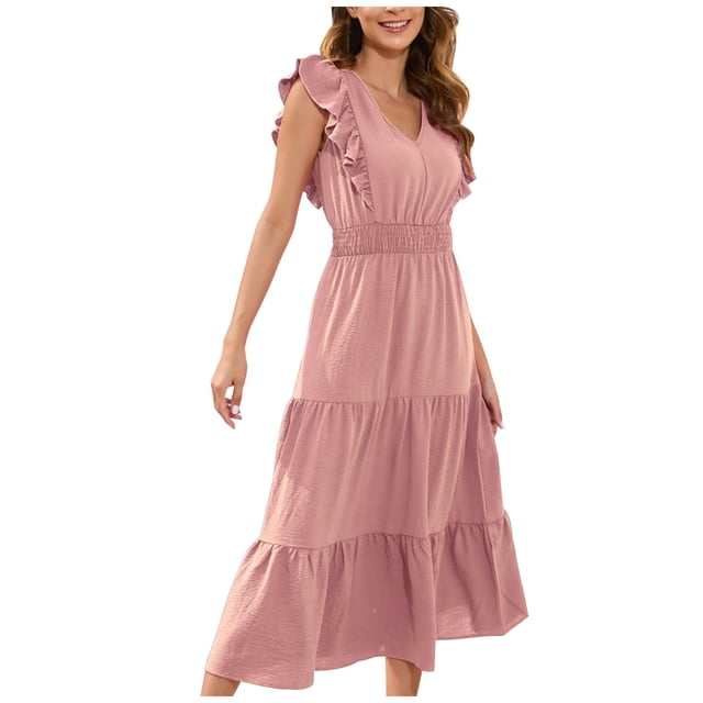Birdeem Robe d'Été Décontractée pour Femme à Col en V, Unie, à Manches Courtes, Vacances, Boîte de Nuit, Longue, Soleil