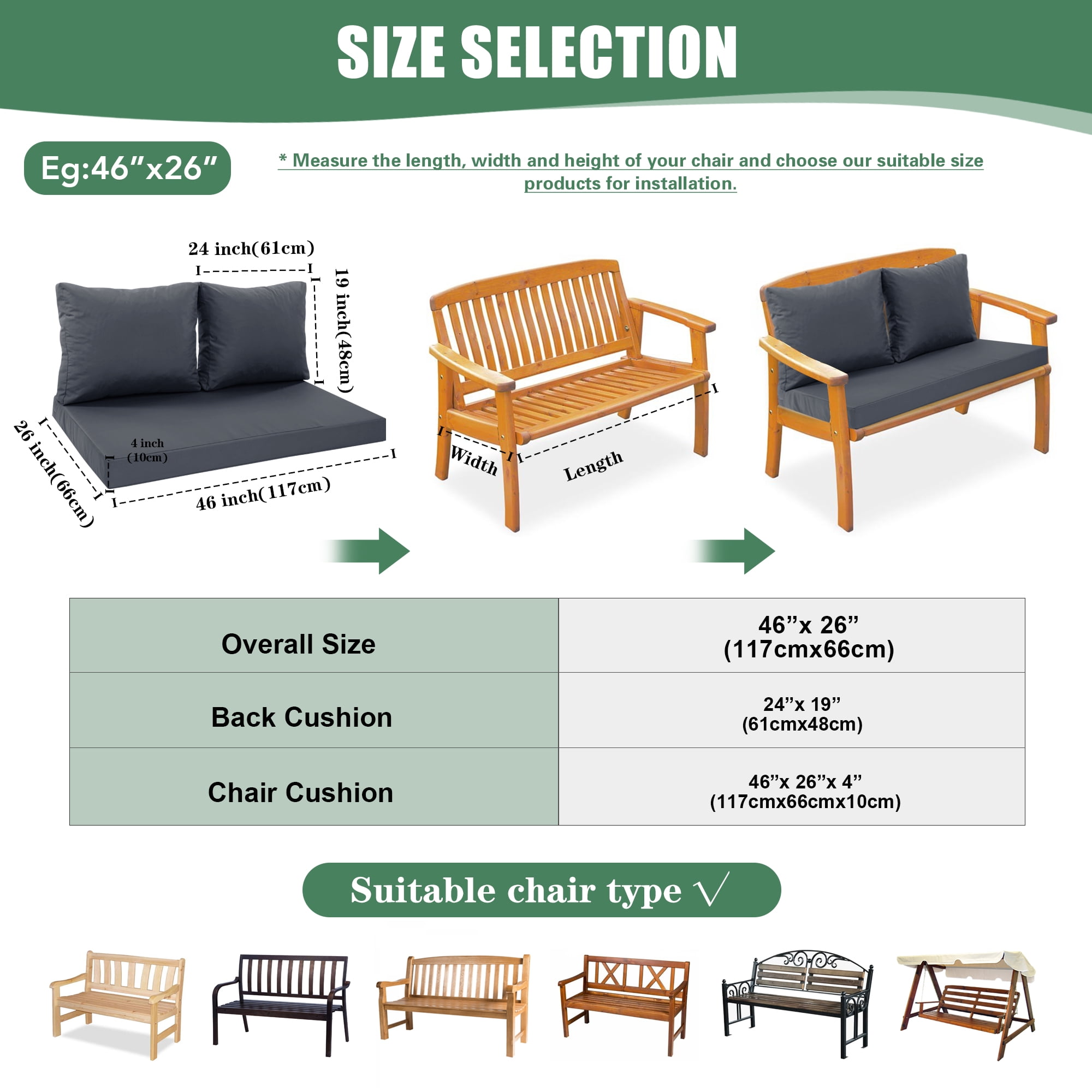 Outdoor Loveseat Cushions, Waterproof Weather & Fade Resistant Seat and Backrest Cushion Set for Patio Furniture, 46 x 26 Inch, Dark Grey