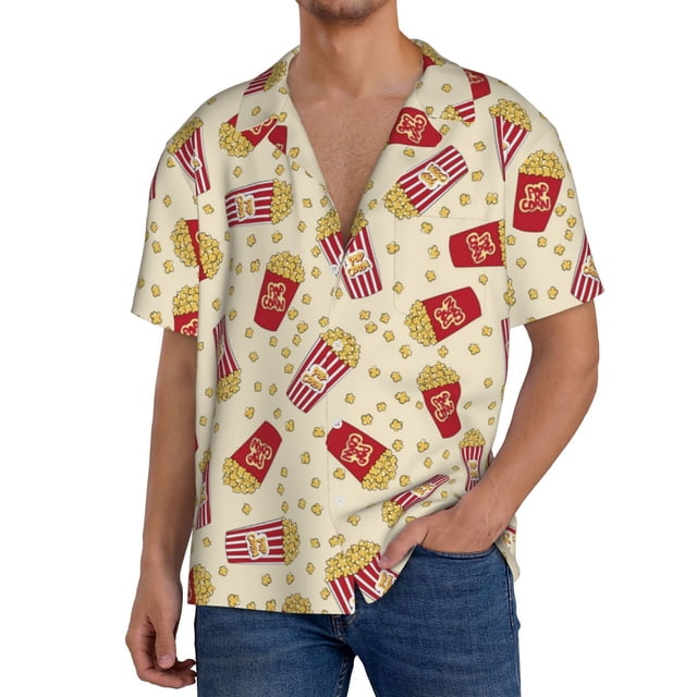 Balery Cartoon Popcorn Camisa Casual de Manga Corta con Botones para Hombre, Texturizada, Estilo Cubano, para Playa, Verano-Medium