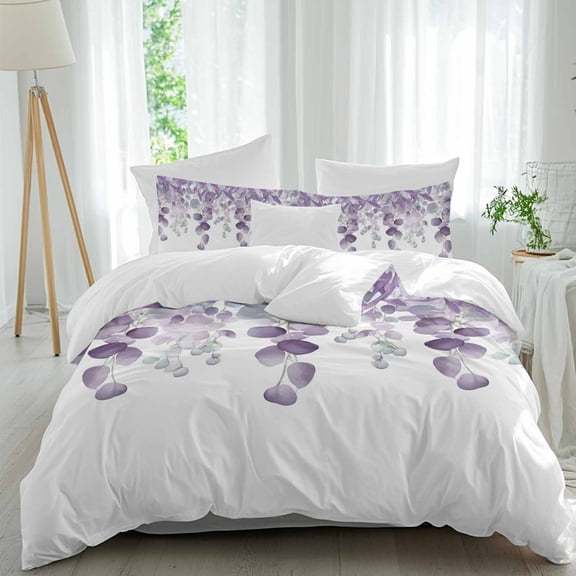 3 Piece Purple Teal Botanical Duvet Cover Set Queen Size,Microfiber Comforter/Quilt Cover with Corner Ties and 2 Pillowcases,Watercolor Spring Eucalyptus Leaves All Season Bedding with Zipper Closure