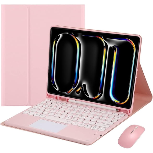funda con teclado táctil para ipad pro de 11 pulgadas (m4) de 5.ª generación 2024, con ratón - teclado bluetooth táctil magnéticamente desmontable Rosa: funda plegable en 3/4 con iPad Pro montado en modo soporte; teclado Bluetooth desmontable con teclas redondas blancas y trackpad integrado, portalápices en la base y botón de encendido lateral visible; ratón inalámbrico rosa 2.4G al frente. Adecuada también para trabajo móvil y toma de notas.