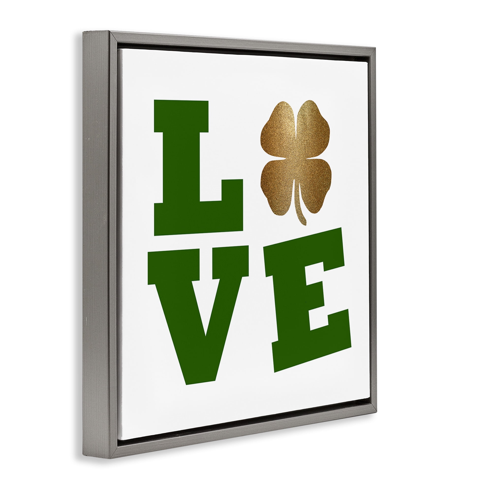 Stupell Industries St Patrick's Day Clover Love Holiday Painting Gray Floater Framed Canvas Art Print Wall Art, 25 x 25