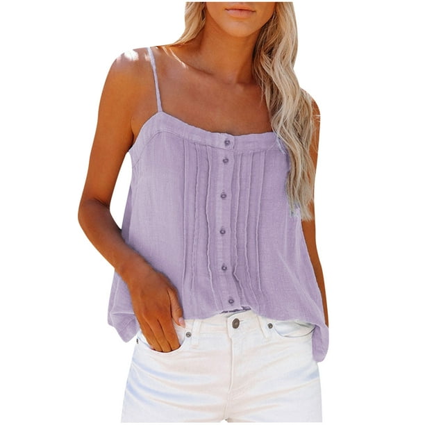 Women's Summer Cami Tops Sleeveless Shirred Spaghetti Strap Camisole  Buttons Casual Loose Comfy Going out Shirts 