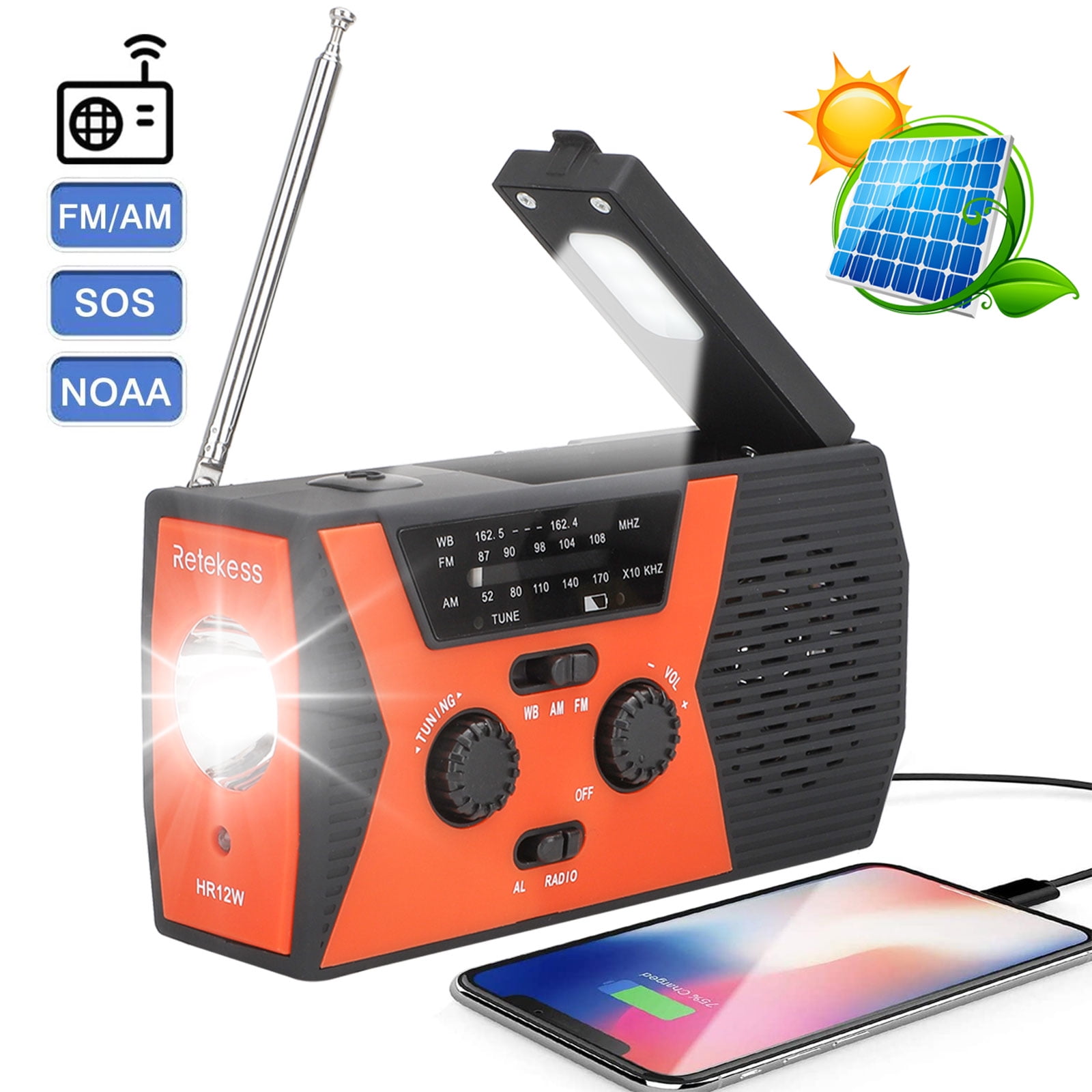 Upgraded Version RunningSnail Emergency Weather AM/FM NOAA Solar Powered Wind up Radio with SOS 2000mAh Power Bank for Cell Phone and LED Flashlight（Orange）