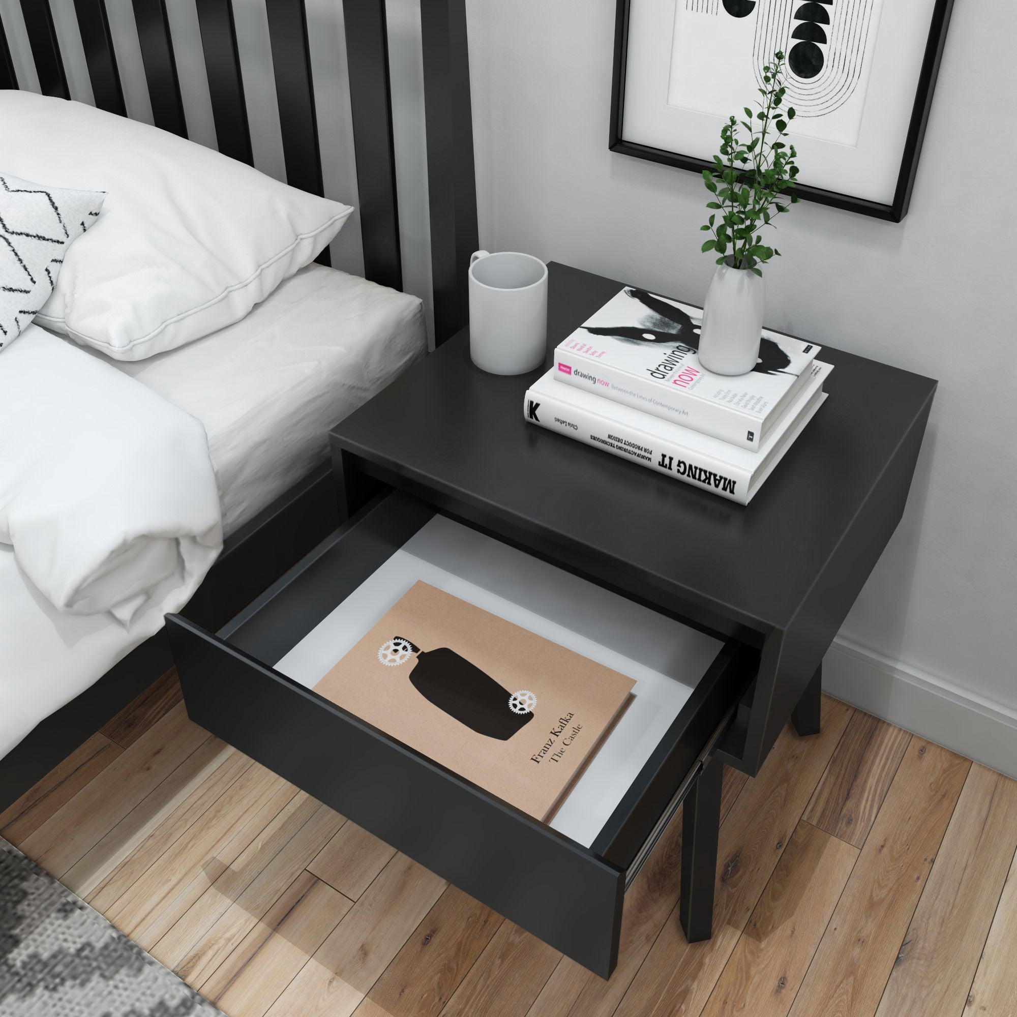 Plank+Beam Solid Wood Nightstand with Storage Drawer, Modern Small End Table, Black