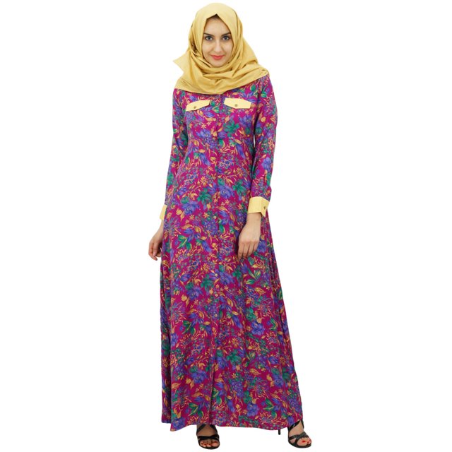 Bimba Womens Muslim Printed Jilbab Dress Designer Abaya With Pockets & Hijab