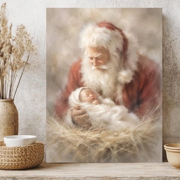 Santa Holding Baby Jesus Canvas Print, Nativity Religious Christmas Wall Art