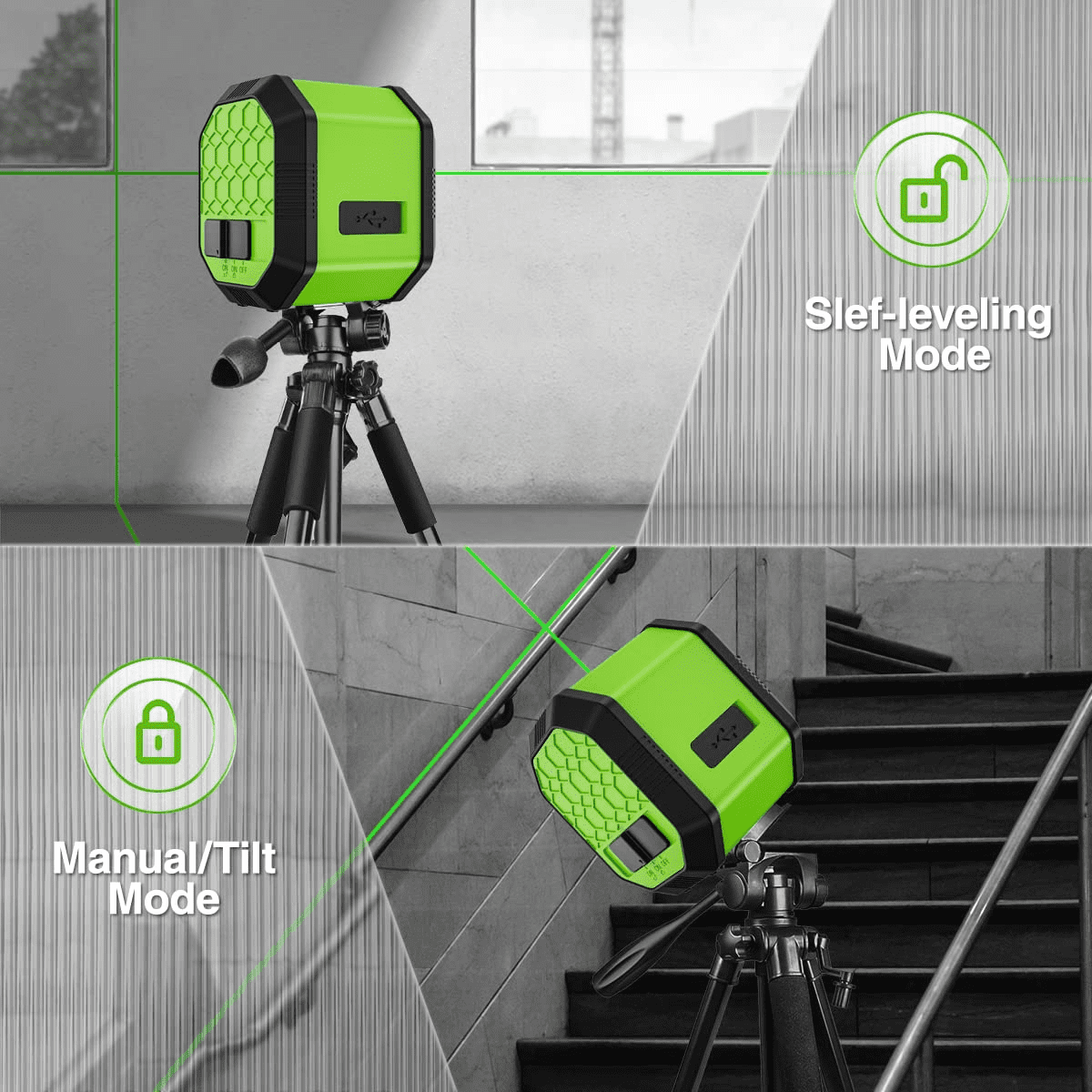 Huepar Green Beam Cross Line Laser Level Self-Leveling Laser Level Tools with Rechargeable Li-ion Battery