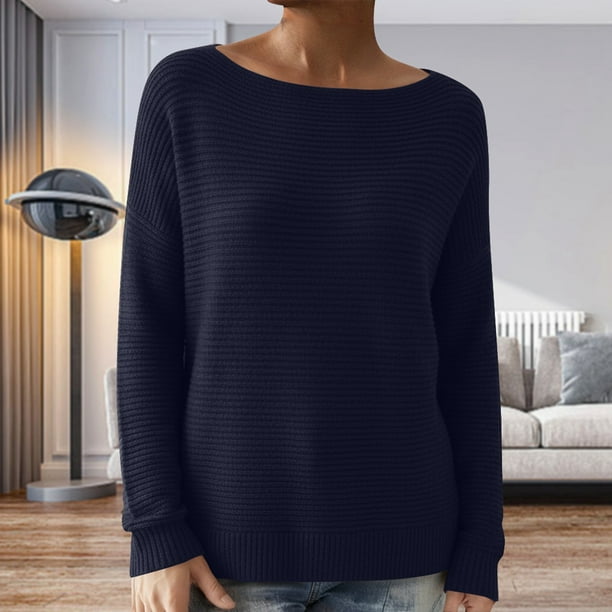 MHFRRA Camiseta Informal de Manga Larga de Punto Acanalado, Holgada, Cómoda y Suave, Básica para Otoño e Invierno. Azul