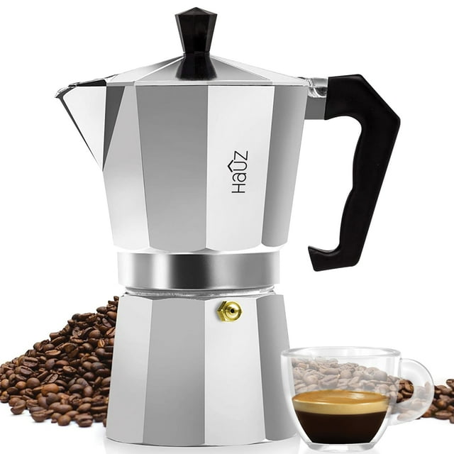 Hauz - Aluminum Espresso Coffee Maker, Compact Design, 6 Cup Capacity