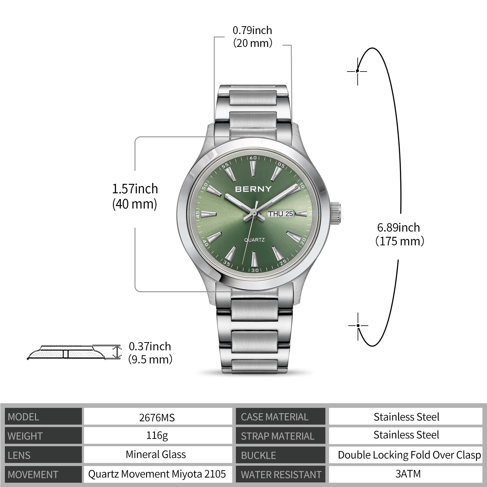BERNY Quartz Watch for Men, Fashion Sports Wrist Watches with Solid Stainlesss Steel Case & Band, Date & Day Calendar, Casual Waterproof Men's Watches, Green