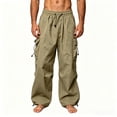 thumbnail image 3 of TKKCS Mens Wide Leg Cargo Pants- Loose Fit Breathable Drawstring Elastic Waist Adjustable Hem Casual Outdoor Parachute Pants with Multi Pockets Khaki Size L, 3 of 8