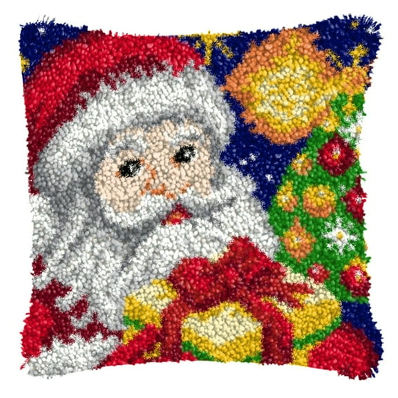 Latch Hook Kits for Adults Kids,Santa Claus Pattern Color Printed Canvas DIY Throw Pillow Cover,Beginners Handmade Needlework Crafts Home Decoration 17x17inch