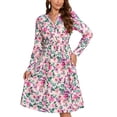 thumbnail image 1 of Vestido cruzado con cuello en V para mujer, manga larga, estampado elástico, cintura alta, dobladillo dividido, vestido elegante rosa púrpura L, 1 of 7