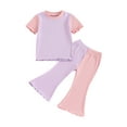 thumbnail image 2 of Yunliwuli Kid Girls Pants Set, Contrast Color Short Sleeve Crew Neck T-shirt with Flare Pants Summer Outfit, 2 of 10