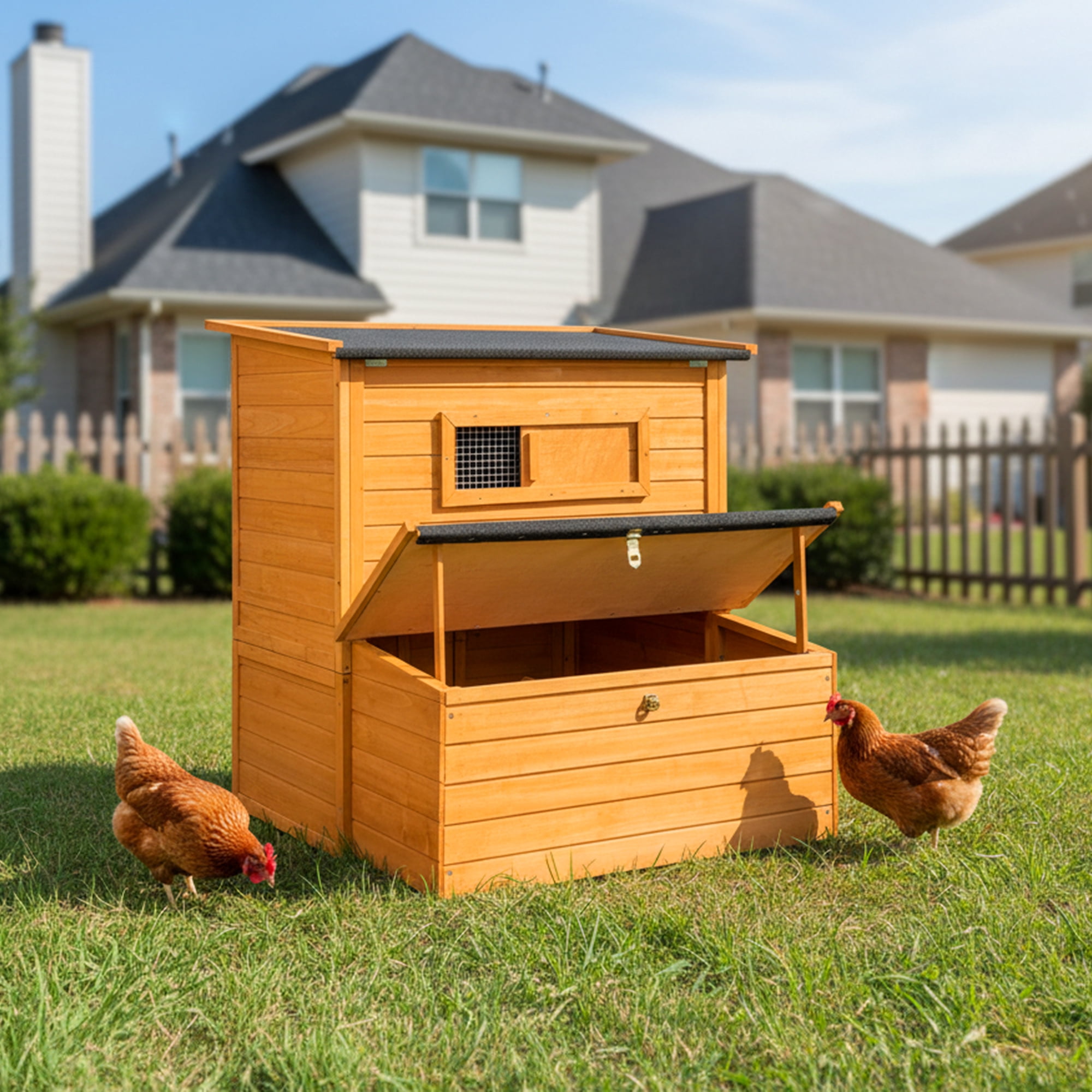 Chicken Coop, Double-House Wooden Chicken Coop For 6-8 Chickens With 3 Nesting Boxes And 2 Pull-Out Trays, Featuring A Foldable Ramp And Flip-Up Asphalt Roof