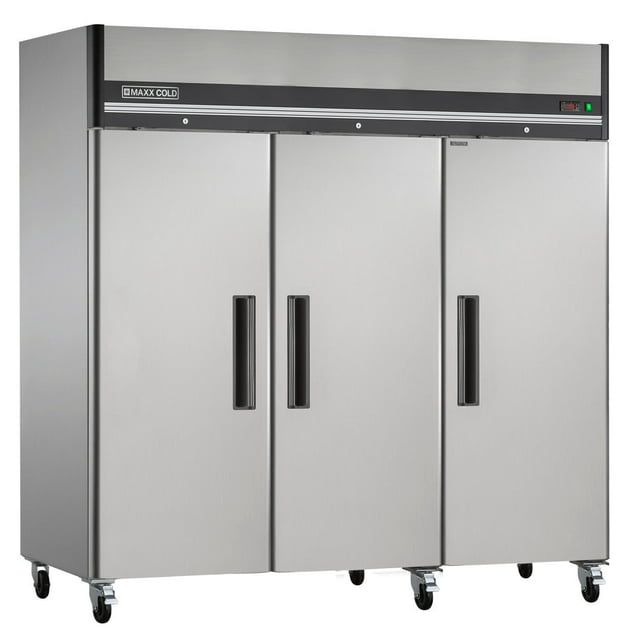 Maxx Cold Réfrigérateur à Portée de Main à Triple Porte Montage Supérieur, 81"W, Capacité de Stockage de 72 Pi3, en Acier Inoxydable