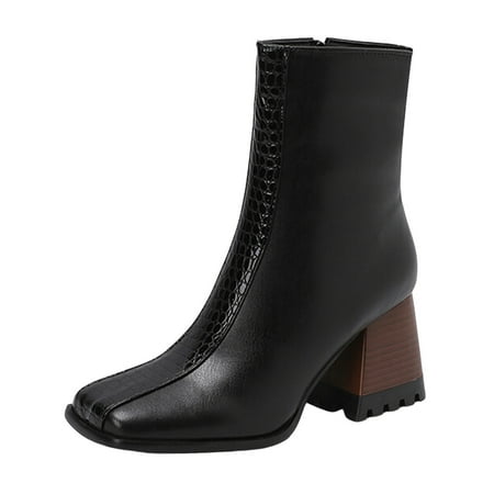 YHGFVOKJ Boots for Women Leather Square Toe High Heel Solid Color Colour Blocking Medium Large Size Boots Ankle Boots Short Boots Shoes Fall Shoes for Women 2024 Black 42
