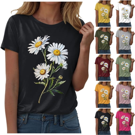 GEWSEY Women Vintage Boho Floral Wildflowers Tshirts Girls Graphic Tees Short Sleeve Tops (Yellow, L)