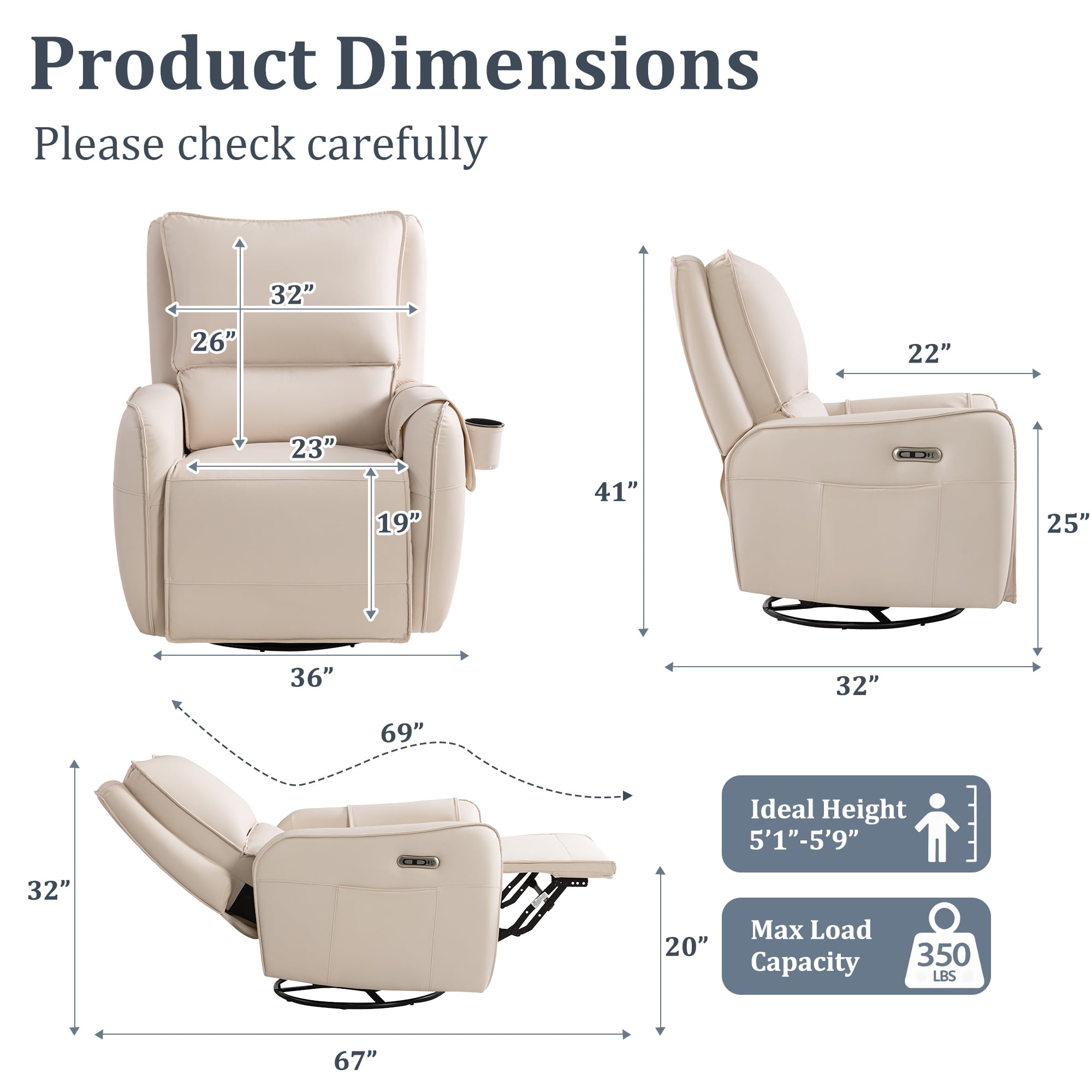 Power Recliner Rocking Chair Nursery Gliders, Electric Swivel Rocker Recliner Chair, Comfy Upholstered Living Room Reclining Chairs with Lumbar Support