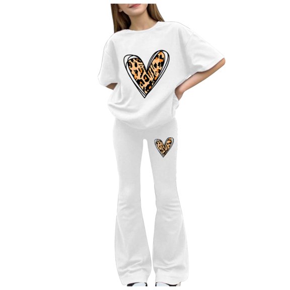 Karoyedx Little Girls Outfits Tween Girls Clothes Short Sleeve Graphic T-Shirt Top Flared Pants 2 Piece Outfit Set White Size,12Y