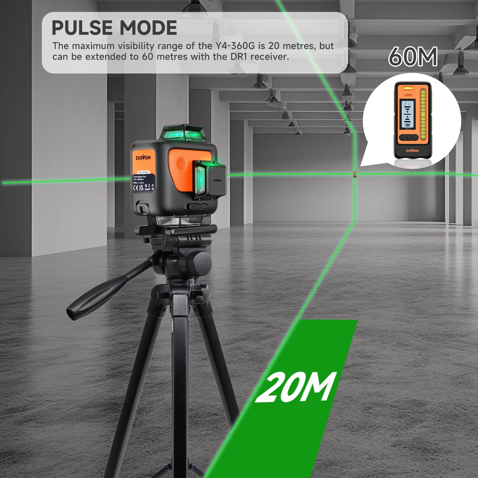 DOVOH Green Self-Leveling Laser Level 16 Lines 360° 4D, Rechargeable Type C Receiver Compatible, Y4-360G