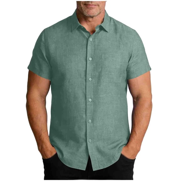 VSSSJ Men's Linen Shirts Casual Short Sleeve Button Down Beach Shirt Summer Relaxed Fit Vacation Lapel Collar Shirts with Pocket Green XL