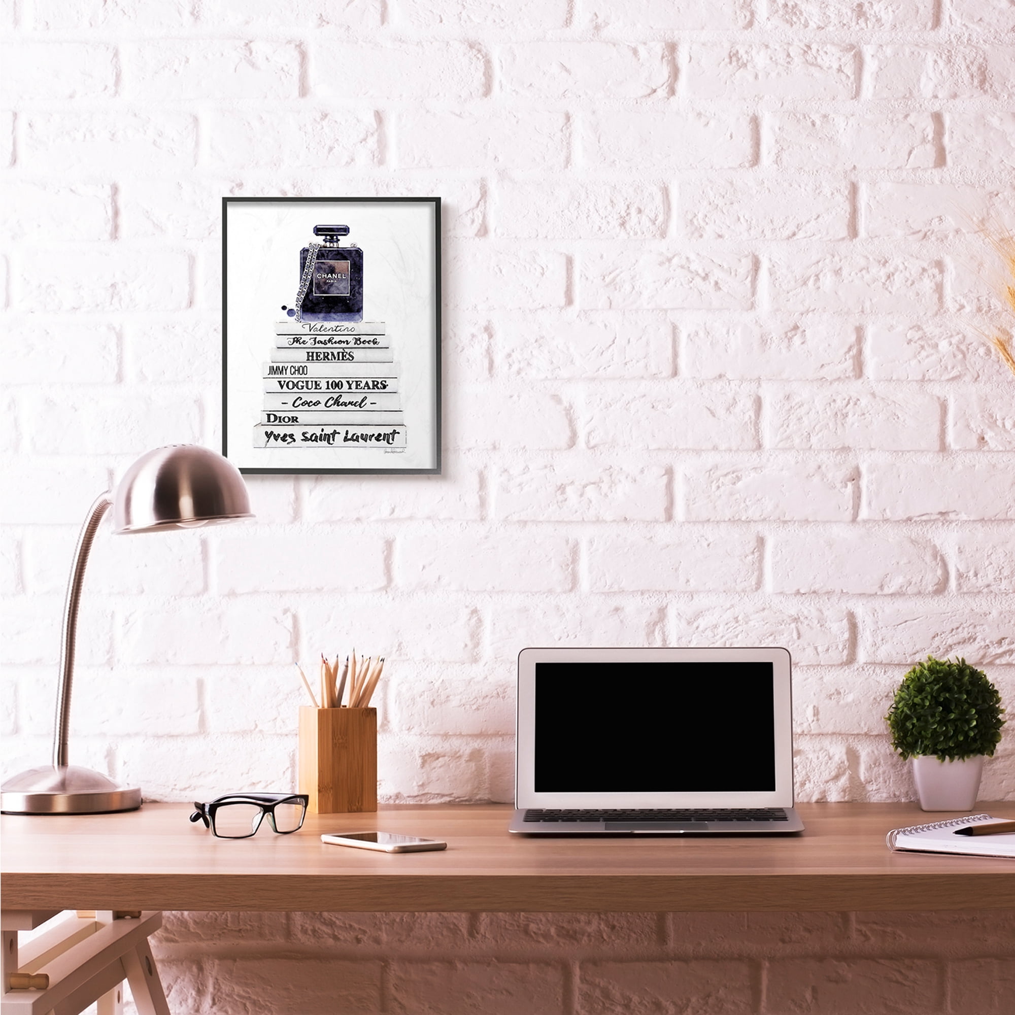 Stupell Industries Fashion Designer Perfume Bookstack Blue White Watercolor Framed Wall Art by Amanda Greenwood