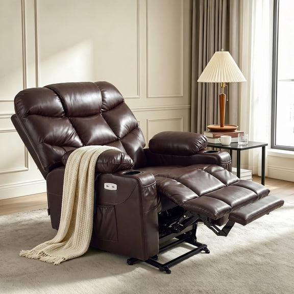 MCombo 27.2'' Extra-Wide Seat Oversized Power Lift Recliner Chair for Elderly, Faux Leather(Dark Brown)