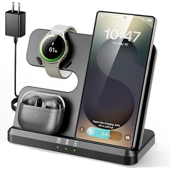 wonima06 3 in 1 Charging Station for Samsung, Wireless Charger Stand for Galaxy S25 Ultra/S24/S23/Z Fold, Phone and Watch Charger Fast Charging for Samsung Watch Galaxy 8/7/6/5, Galaxy Buds 3/2/Pro