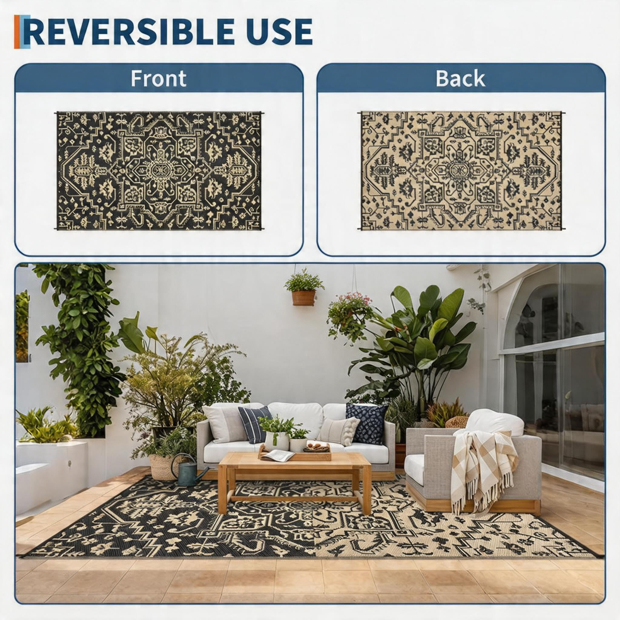 Nanan 9x18ft Outdoor Patio Rug, Portable Waterproof Plastic PP Tube Rug, Modern Scalloped Edge Mat for Deck, Yard, Camping, Balcony & Poolside, Black/Brown