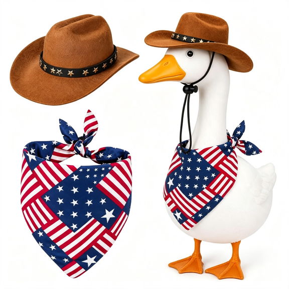 HHNOU 2-Piece 4Th of July Porch Goose Outfit,Patriotic Lawn Goose Costume Accessories with Cowboy Hat and American Flag Bandana,Memorial Day Yard Decor for 17-Inch and 23-Inch Statues