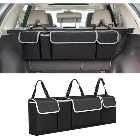 Car Trunk Organizer and Storage, Backseat Hanging Organizer for SUV, Truck, MPV, Waterproof, Collapsible Cargo Storage Bag with 4 Pockets, Car Interior Accessories for Men and Women (Black)