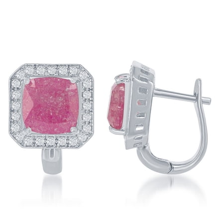 TheJewelryHut Designer Sterling Silver Square Dark Pink Ice with CZ Border Earrings
