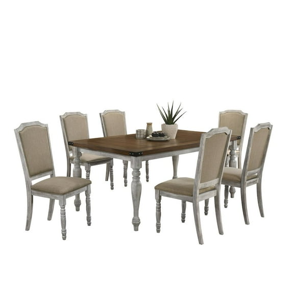 Roundhill Furniture Salines 7 Piece Farmhouse Dining Table Set, Rustic White/Oak