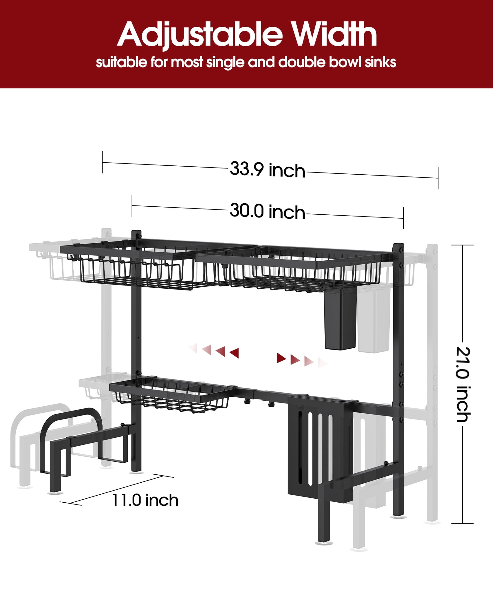Sakugi Over The Sink Dish Drying Rack, 30" -33.9" L x 11" W x 21" H Expandable Dish Drainer, Stainless Steel Dish Rack, Black