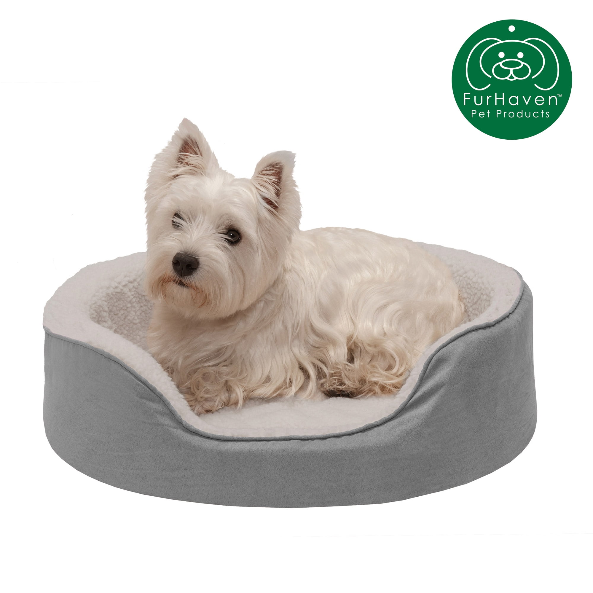 FurHaven | Orthopedic Faux Sheepskin & Suede Oval Pet Bed for Dogs & Cats, Gray, Medium