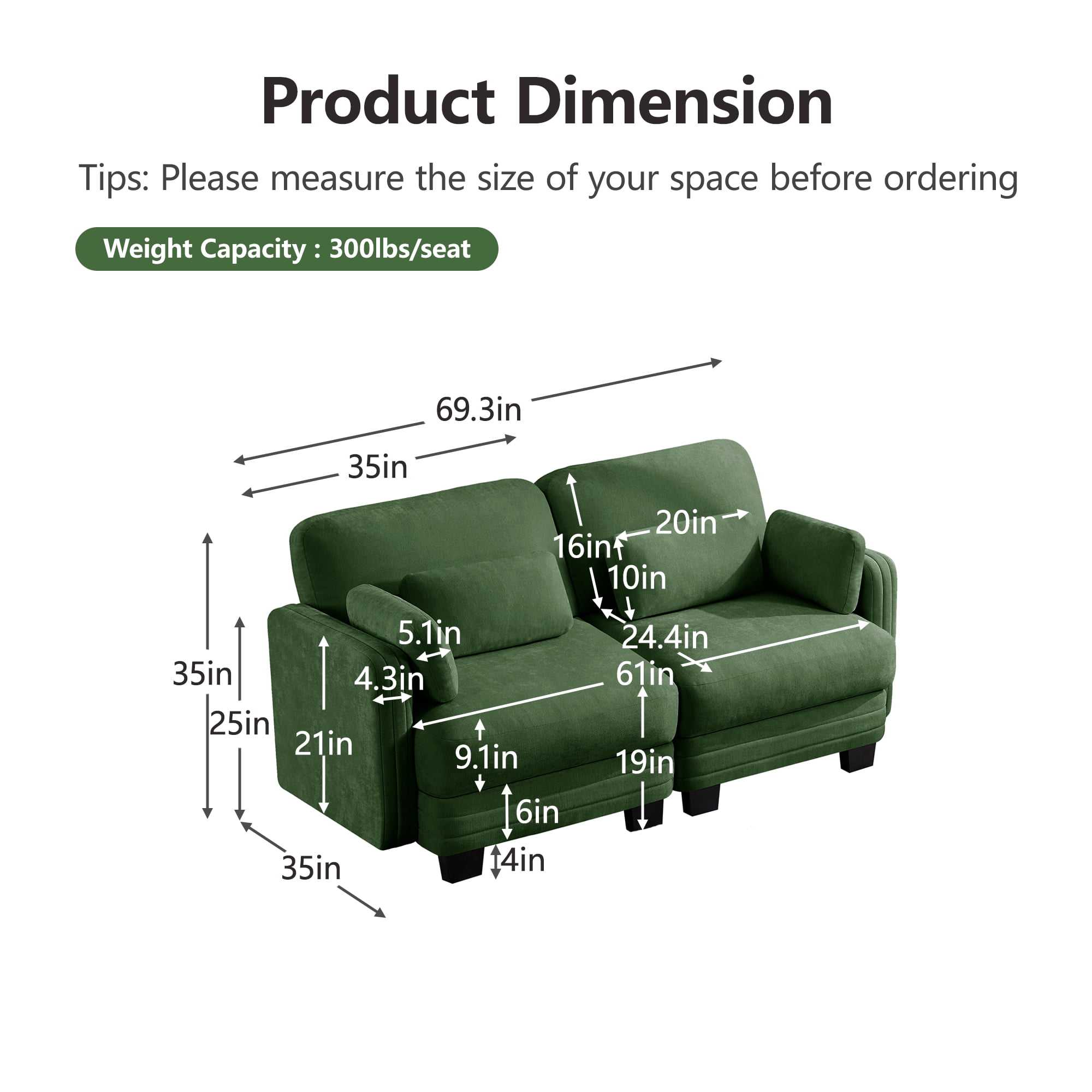70" Modern Modular 2 Seater Loveseat Sofa Couch with 4 Pillows