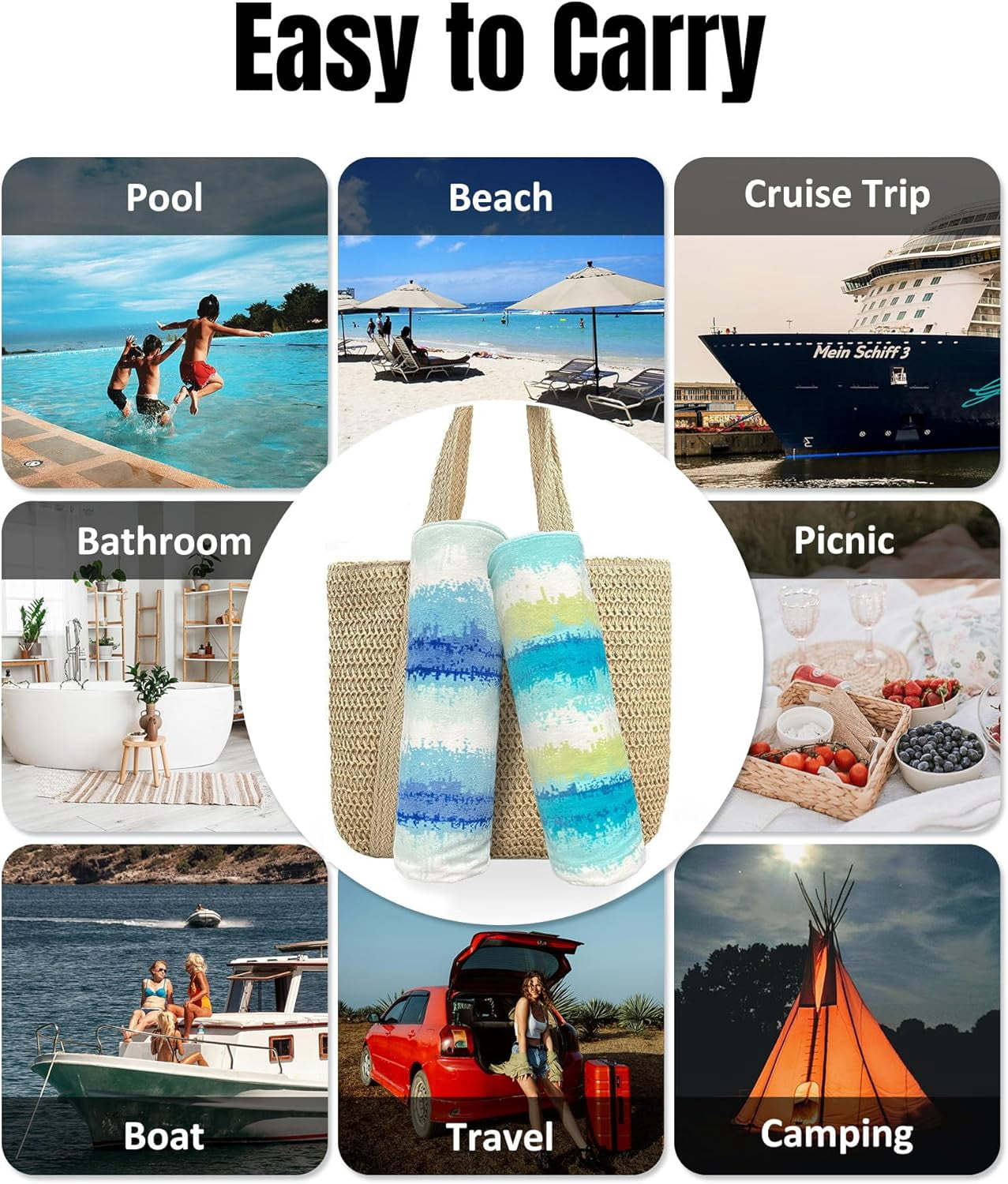 Large Beach Towel Oversized - Cotton Velour  Inch Coast Waves Camo Striped Terry Pool Towel, Soft Swimming Towel for Adults Women Men