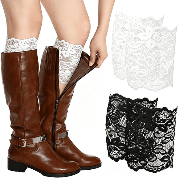 TELOLY 2 Pairs Elegant Lace Boot Cuffs for Women - Stretchy Lace Leg Warmers Socks Topper Cuff (Black & White) Boot Socks