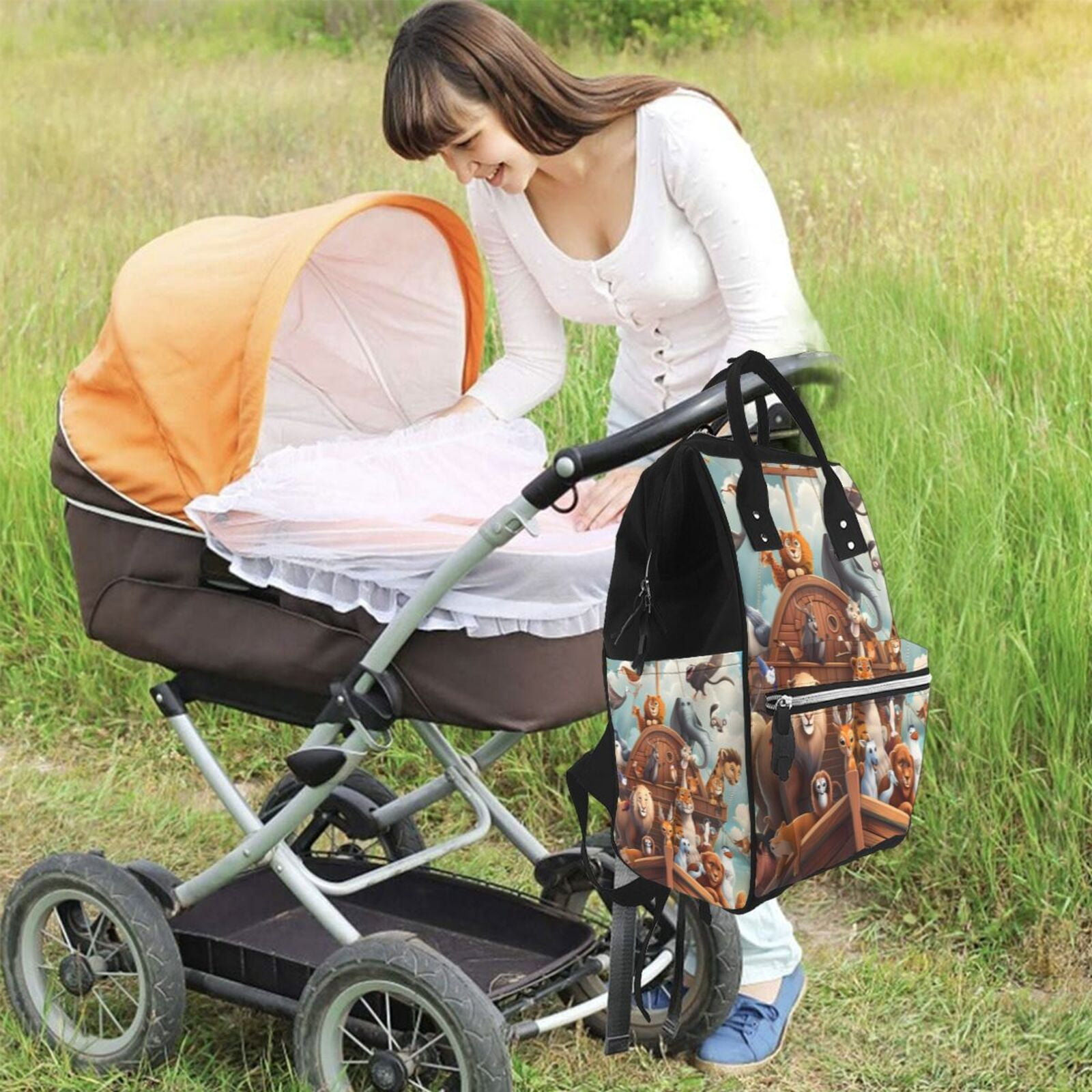Ratiio Animal Filled Noahs Ark Mummy Backpack - Waterproof Twill Canvas, Large Capacity Diaper Bag with Multiple Pockets and Adjustable Straps