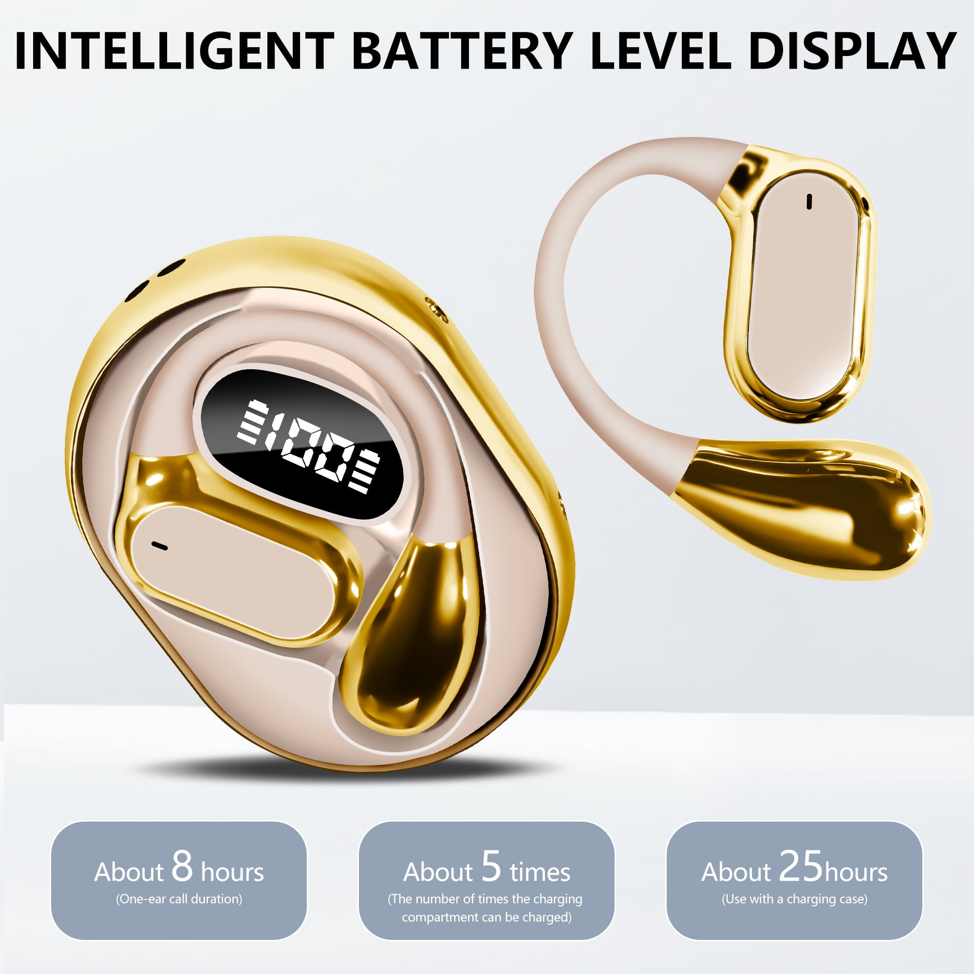 True Wireless Stereo Earphone, Open Ear Touch Control Bluetooth Headphone with Earhook, Type-C Charging Earphone for Meeting/Travel/Video/Game, Gold