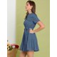 thumbnail image 4 of Vestido Camisero De Algodón Con Botones Para Mujer, Cuello Con Volantes, Dobladillo Con Cinturón, Manga Corta, Informal, Por Encima De La Rodilla, Camisero Azul marino S, 4 of 7