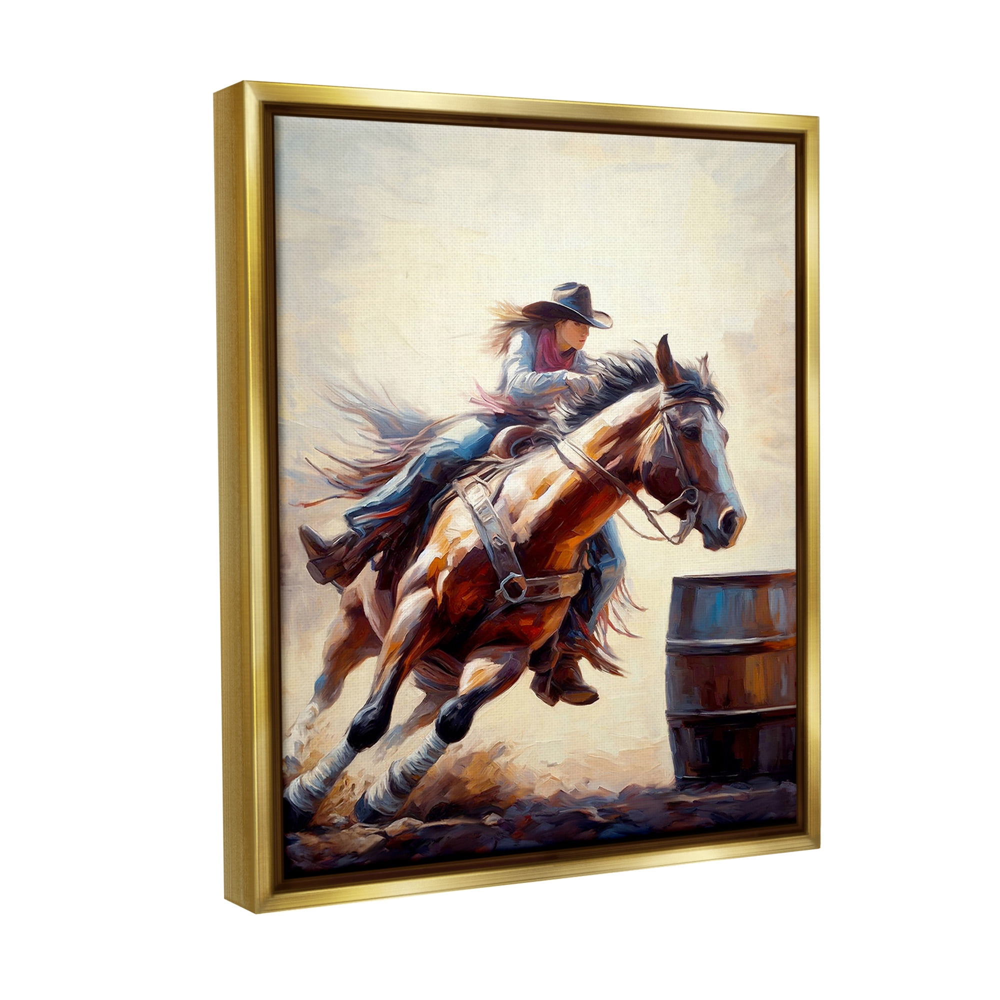 Stupell Industries Galloping Jockey Girl Animals & Insects Painting Gold Floater Framed Canvas Art Print Wall Art, 25 x 31