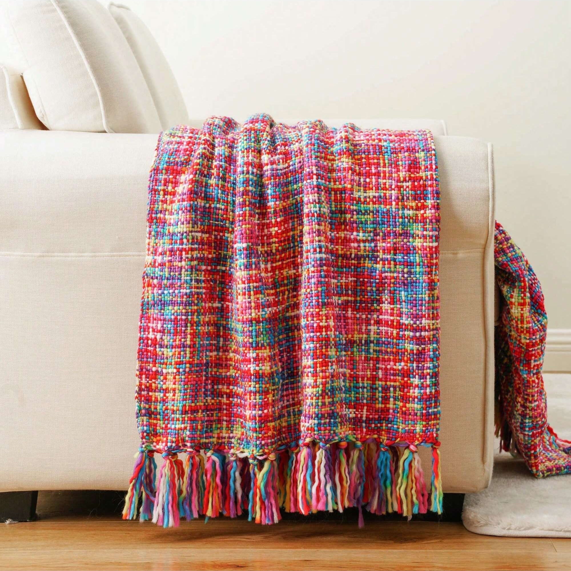 Colorful Throw Blanket with Tassels, Boho Knit Throw Blankets for Couch,Living Room,50"x60"