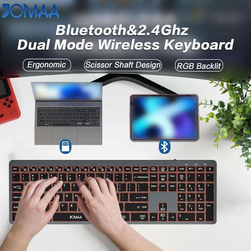 Full Size Silent Click Wireless Keyboard, RGB Backlit Rechargeable Bluetooth & USB Multi-Device Keyboard for Office, Compatible with Windows Mac iOS Android