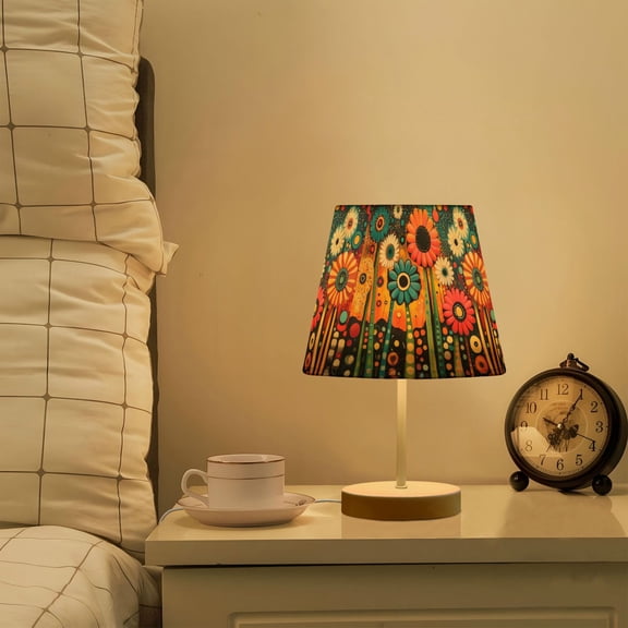 Yayeee Mini Table Lamp 10.8" Dimmable with Fabric Shade 3 Color Temperatures, Red Colorful Flowers with Dots