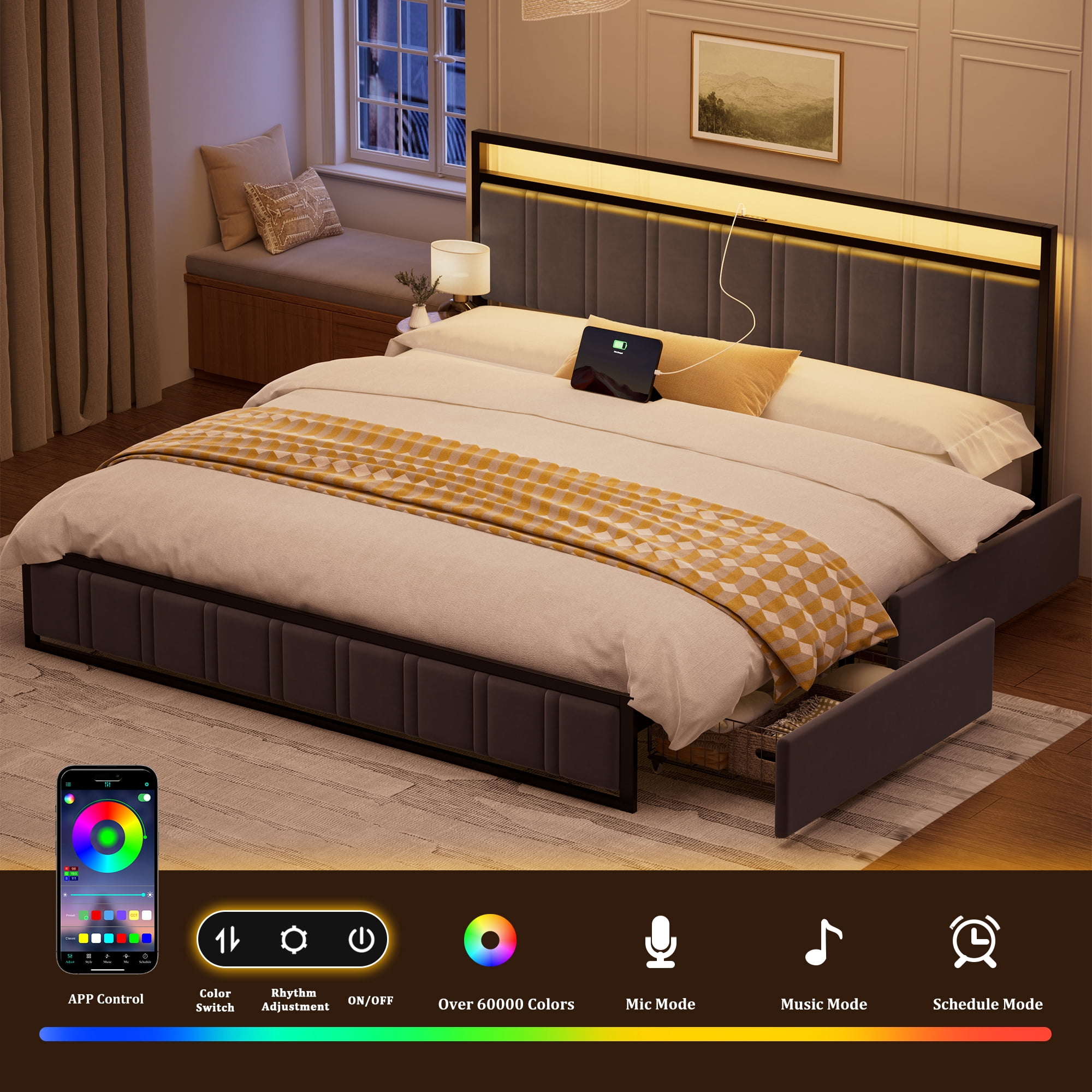 GUNAITO King Bed Frame with Headboard, Platform Bed with 2 Drawers, Velvet Upholstered Bed Frame with LED Lights & Charging station，Dark Grey