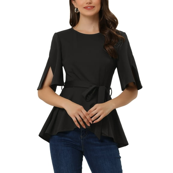INSPIRE CHIC Women's Split Half Sleeve Crew Neck Belted Knot Drap Casual Peplum Blouse